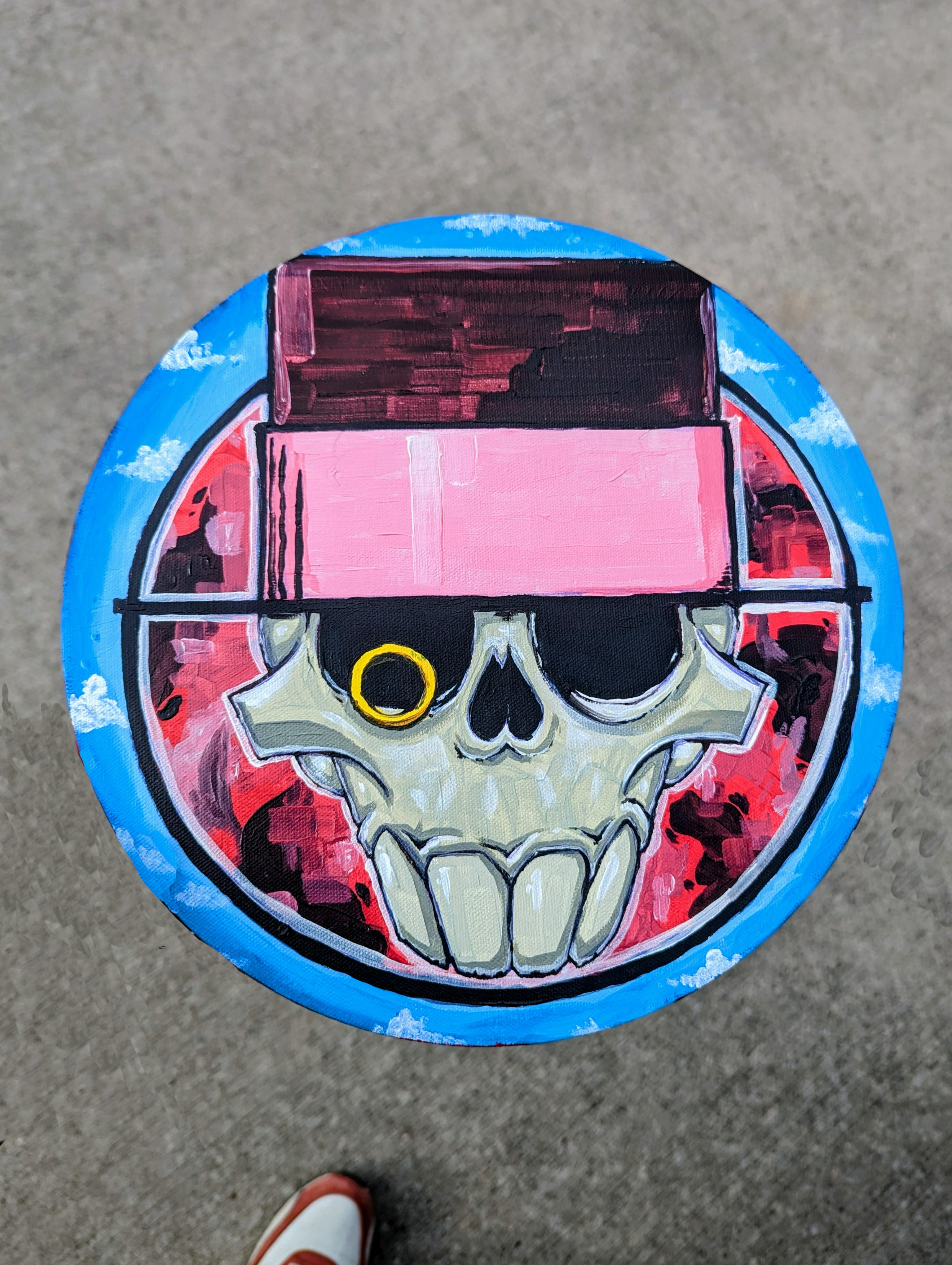 "Skull & Top Hat in the Sky" (PNK) acrylic on 12" circular canvas.